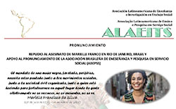 REPUDIO AL ASESINATO DE MARIELLE FRANCO EN RÍO DE JANEIRO, BRASIL Y APOYO AL PRONUNCIAMIENTO DE LA ASOCIACIÓN BRASILEÑA DE ENSEÑANZA Y PESQUISA EN SERVICIO SOCIAL (ALAEITS)